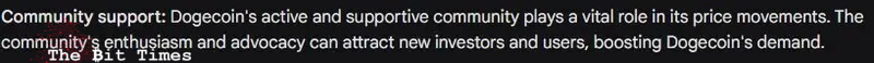 Community support as a factor behind DOGE price prediction.  Source: Finbold and Google Bard
