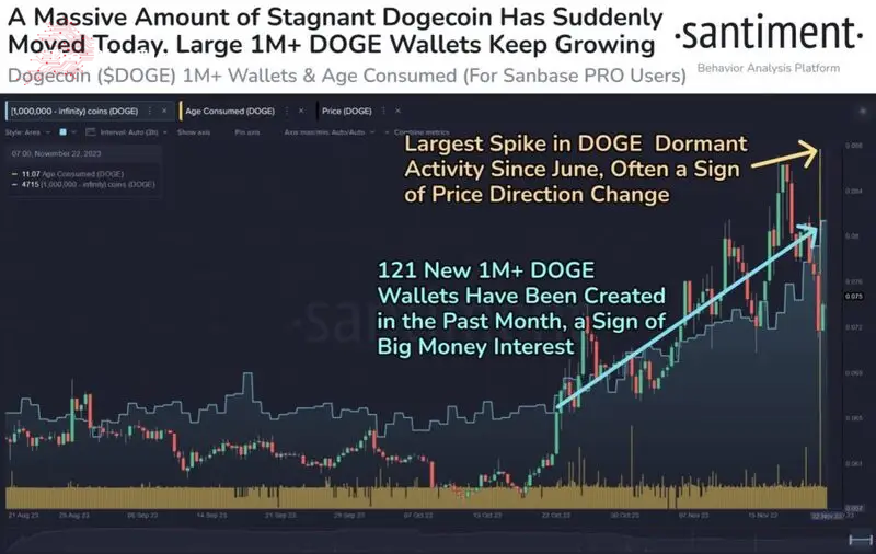 An influx of wallets that hold $1 million or more in DOGE.  Source: Finbold
