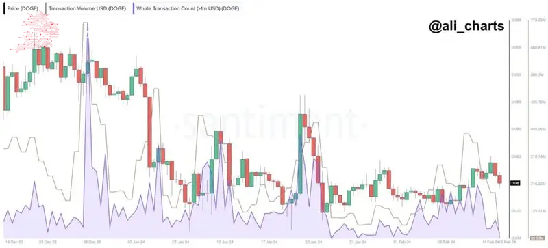 Decline of DOGE’s trading activity. Source: Ali Martinez
