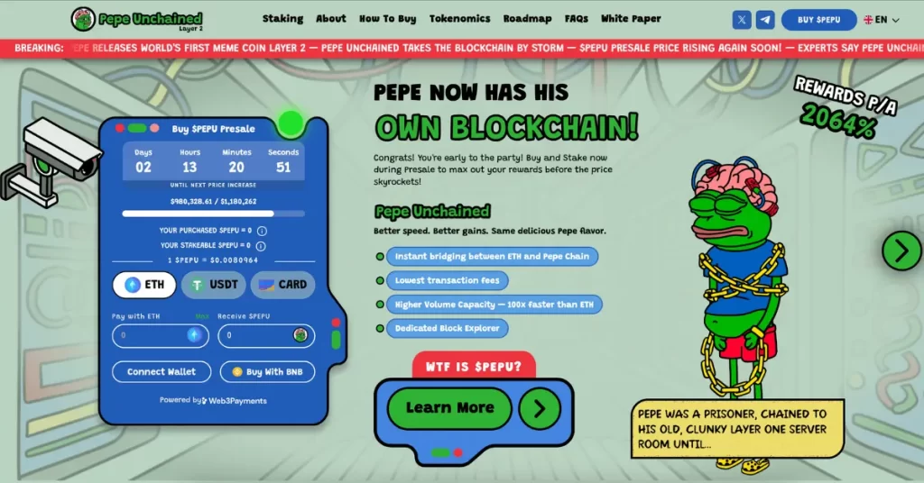 第一个 Layer 2 Meme Coin Pepe Unchained 在预售中筹集了超过 200 万美元 – 最值得购买的加密货币？
